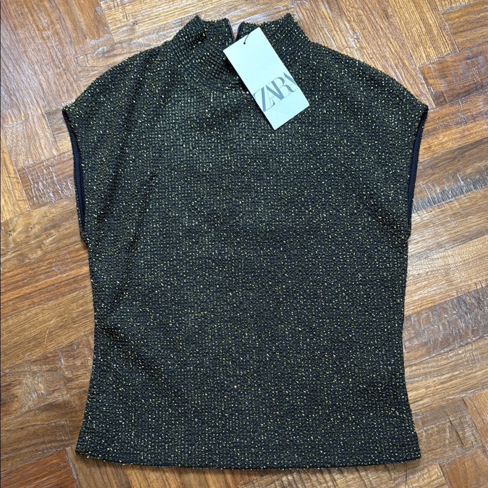 Zara Black Metallic Sparkle Mock Neck Sleeveless Top
